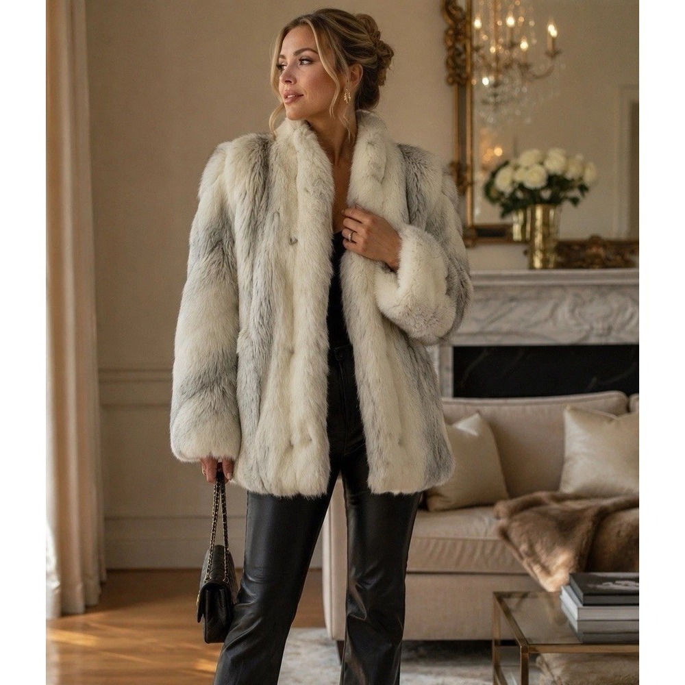 Vintage 80s Jordache Faux Fur Coat Ivory Gray Made USA Glam Winter Jacket